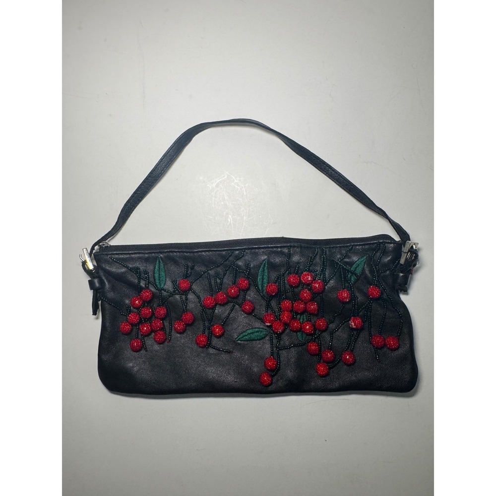 Y2K BCBGMAXAZRIA Black Leather Beaded Cherry Embellished Shoulder Bag Purse